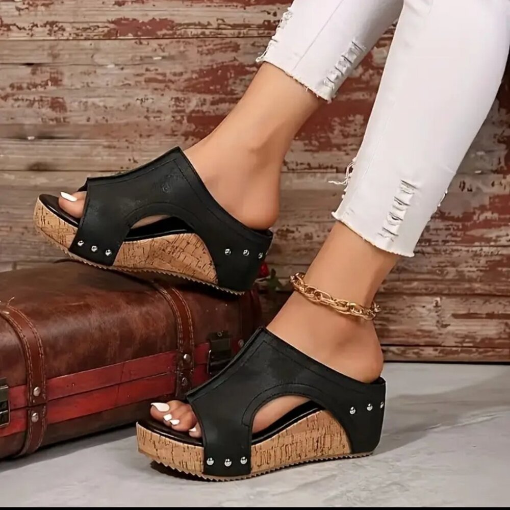 Women's Black Casual Slip-On Wedge Sandals extremely comfortable